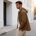 thumbnail image 3 of Havenx Mens Cotton Linen Hoodies Button Down Long Sleeves Hooded Shirts with Pockets Hoodies Trendy Summer Beach Vacation Casual Tops,Brown L, 3 of 7
