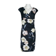 Catherine Malandrino V-Neck Gathered Side Cap Sleeve Floral Print Jersey Dress-NAVY FLORAL / 10