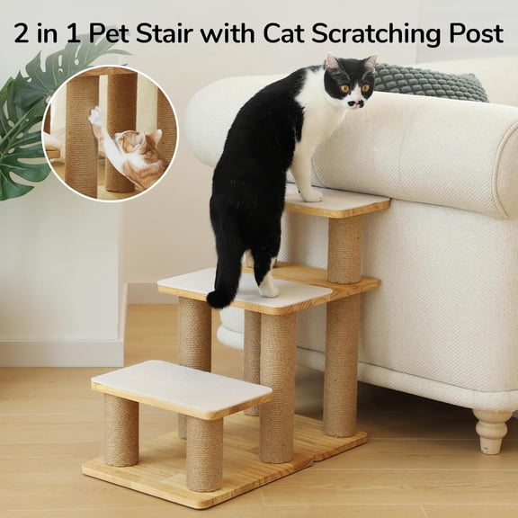 Dog Stairs Solid Wood Pet Steps with Cat Scratching Post Transformable Ramp for Dogs Cats High Bed Couch