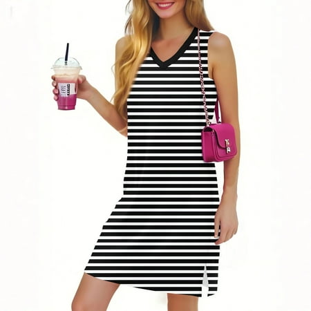 GXIPO Boho Summer Dresses for Women 2025 Vacation Sleeveless V Neck Beach Dresses Sundress Striped with Split Black M