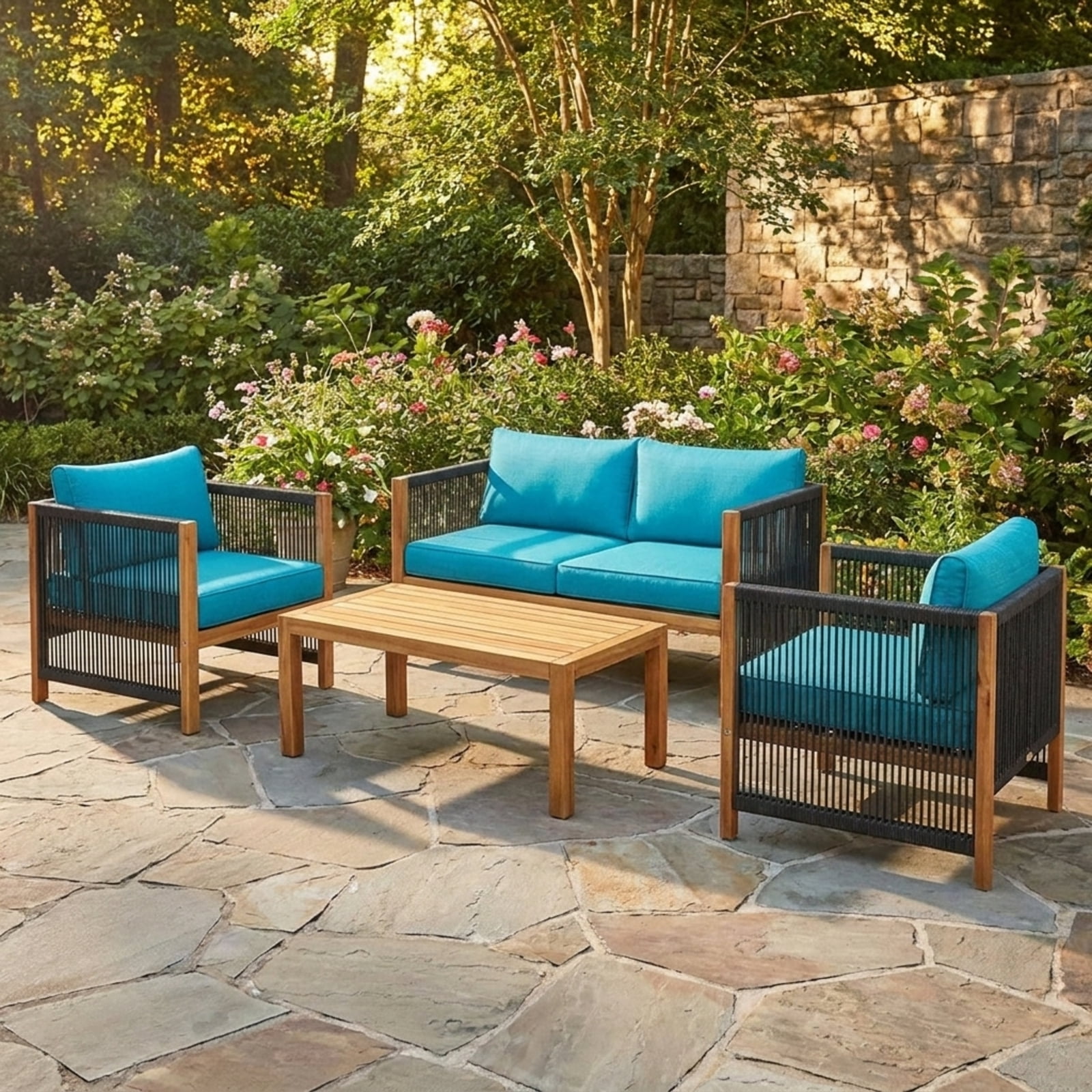 Biotree 4 Piece Acacia Wood Patio Furniture Set outdoor conversation set with cushions and coffee table for garden backyard and porch, Turquoise