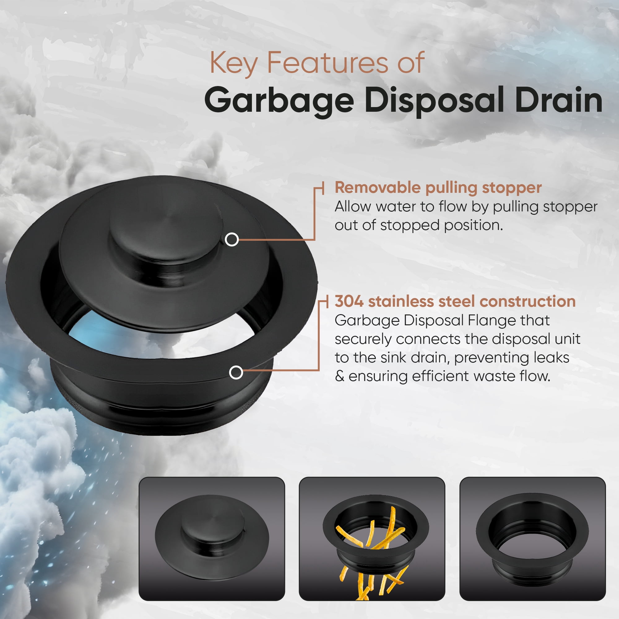 Strictly Sinks Garbage Disposal Flange & Stopper - Stainless Steel Garbage Disposal Drain for 3-1/2 Inch Standard Sink Drain Hole - Anti-Clog Kitchen Sink Drain with Garbage Disposal Stopper Black