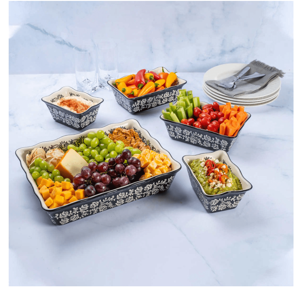 Baum Floral Vines 5-Piece Ceramic Bakeware Set with Rectangular and Square Dishes, Black
