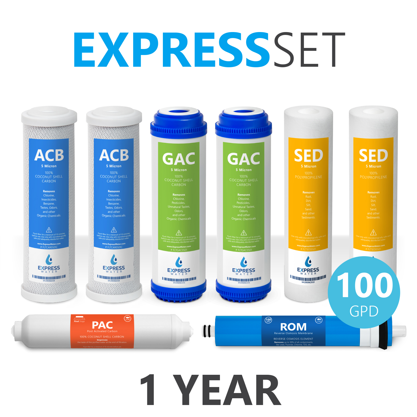 Express Water 1 Year Reverse Osmosis System Replacement Filter Set 8 Filters With 100 Gpd Ro 5806