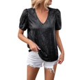 thumbnail image 2 of JGNGSHN Women’s Sequin V Neck T-Shirt – Sparkly Short Sleeve Glitter Top for Party, Night Out, Holiday or Clubwear, Shiny Casual Dressy Blouse Black S, 2 of 8
