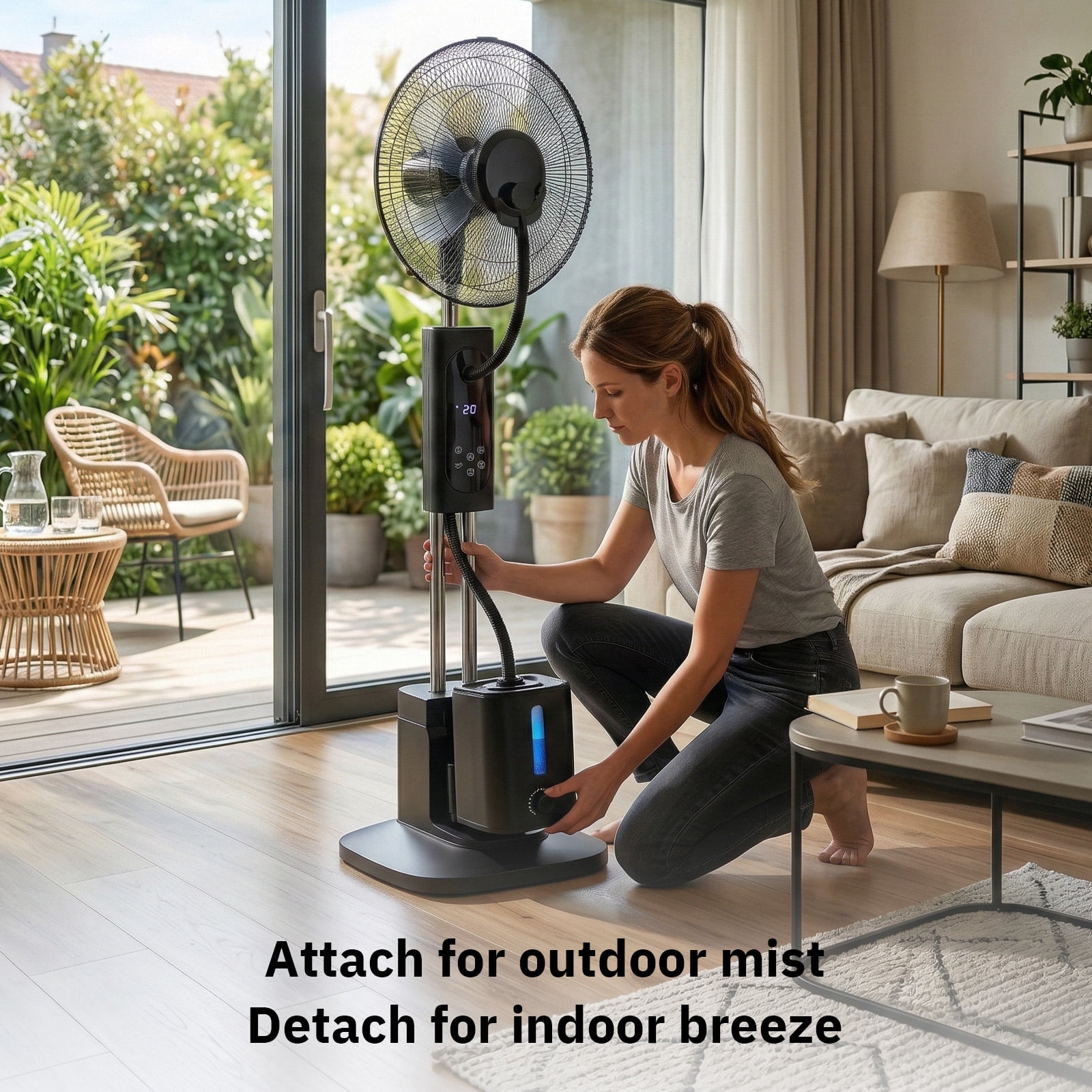 Misting Fan, 110V 70W, 16 Inch Household Standing Mist Fan, 2.5L Detachable Water Tank, LED Display, PP Material & Aluminum Motor, Black, Ventilation & Humidification, Touch & Remote Control