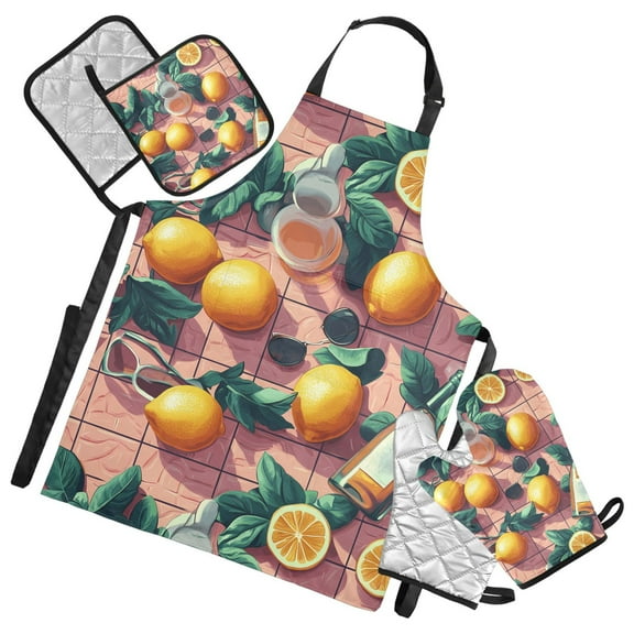 5 Pcs Kitchen Set Heat Resistant Oven Mitts and Non-Slip Pot Holders with Adjustable Cooking Apron Lemons Wine Leaves