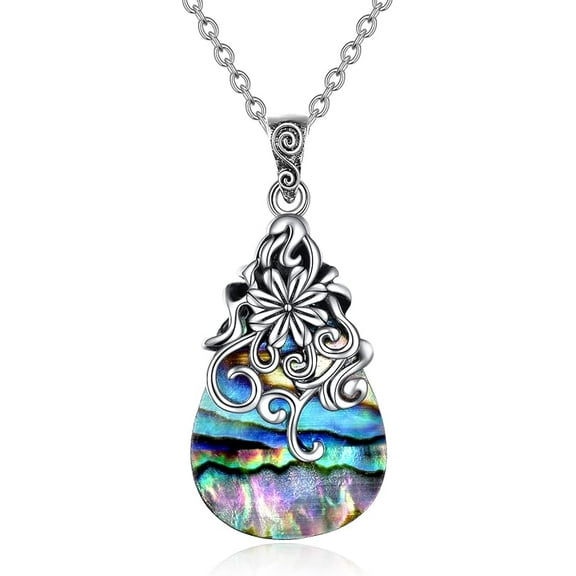 Sterling Silver Moonstone/Abalone Shell/Turquoise Filigree Teardrop Necklace Jewelry for Women