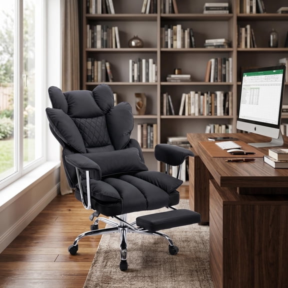 Office Chair High Back Ergonomic Desk Chair with Pocket Spring Cushion Adjustable Armrests Lumbar Support Footrest Thick Padded PU Leather Seat Executive Chair for Home Office Black