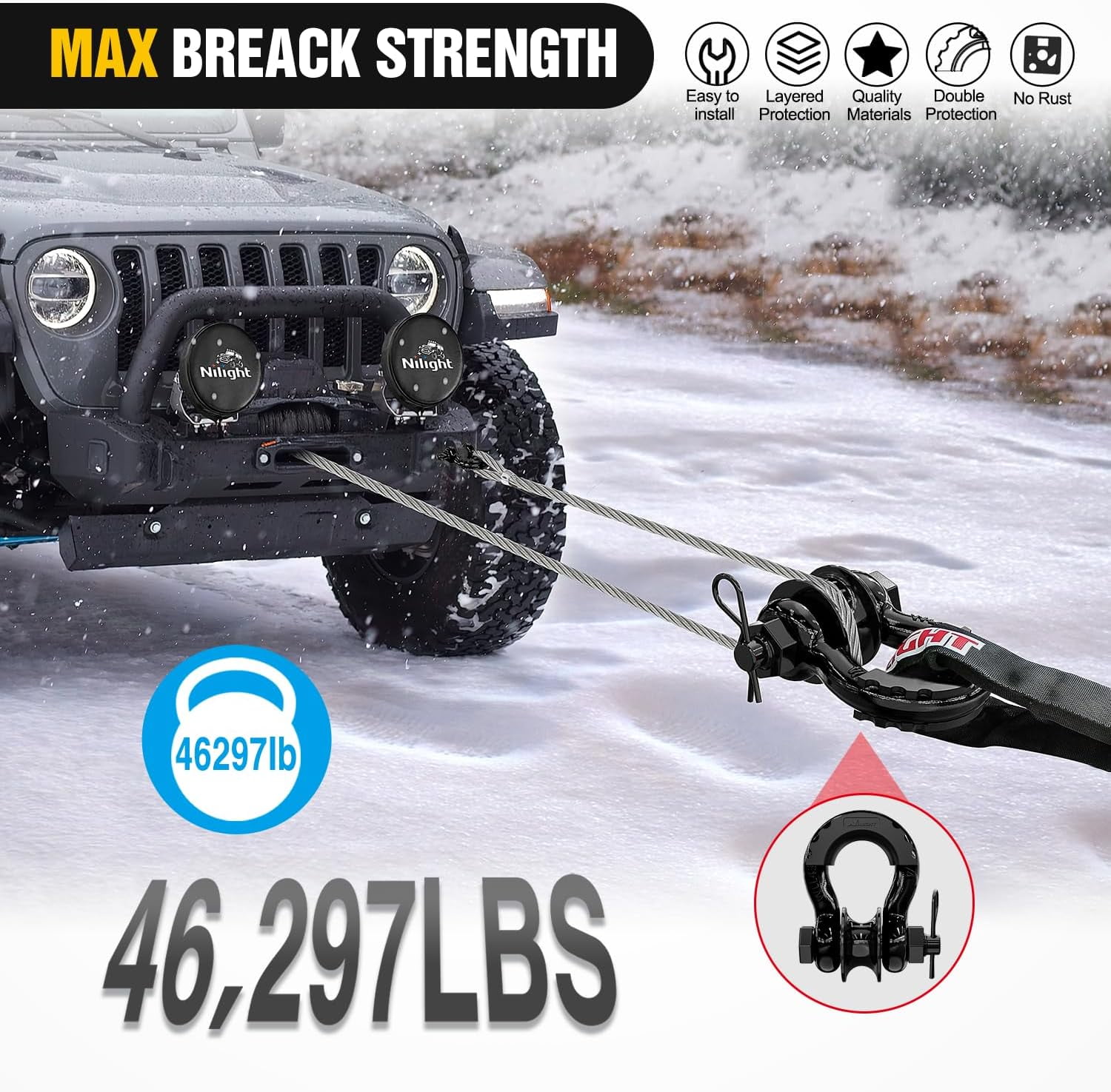 Nilight 3/4" D Ring Shackle with Towing Pulley 2 Pack 4.75 Ton (9500 Lbs) 7/8" Pin Heavy Duty off Road Recovery Shackle with Isolators Washer Kit for Jeep Truck Tractor Vehicle ATV UTV, Black