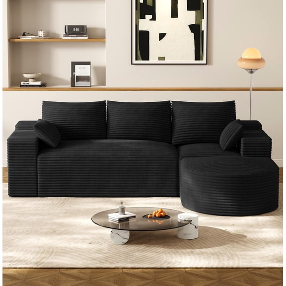 Wiilayok 108" L Shaped Sectional Sofa, Corduroy Modular Cloud Couch with Curved Ottoman, Deep Seat for Living Room Apartment, ,No Assembly,Black