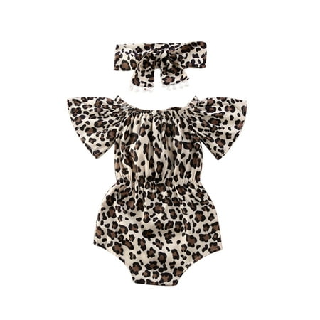 

Newborn Infant Baby Girls 2Pcs Summer Outfits Leopard Print Crew Neck Short Sleeves Romper + Bowknot Headband Suit 0-24 Months