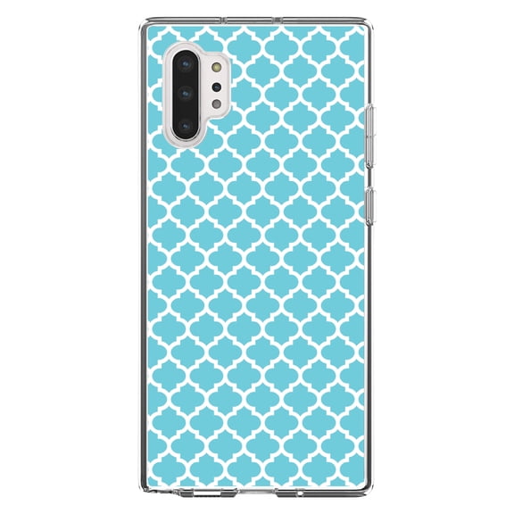 DistinctInk Clear Shockproof Hybrid Case for Galaxy Note 10 PLUS (6.8" Screen) - TPU Bumper, Acrylic Back, Tempered Glass Screen Protector - Light Blue White Moroccan Lattice