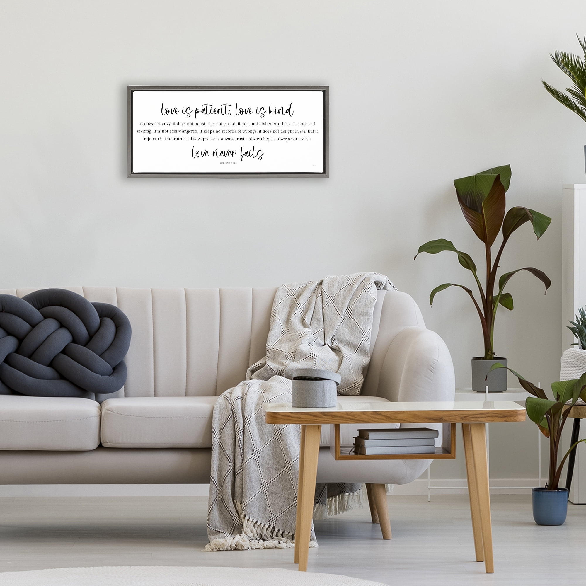 Stupell Industries Love Never Fails Proverb Gray Framed Floater Canvas Wall Art, design by Natalie Carpentieri