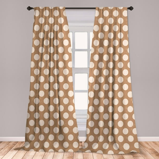 Tan Curtains 2 Panels Set, Big Polka Dots on Grunge Backdrop Off White