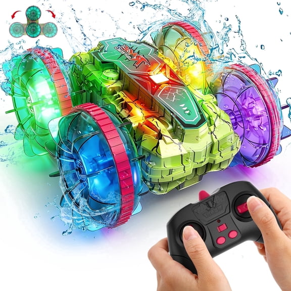 JoyStone Amphibious RC Car for Kids, 4WD Waterproof All Terrain Remote Control Stunt Truck with Double-Sided Driving, LED Light-Up Wheels, 2 Batteries, Green