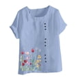 thumbnail image 4 of Pisexur Hauts en Coton et Lin Grande Taille pour Femmes, Décontractés, Été, Boho, Mode, Coupe Ample, Col Rond, Manches Courtes, T-Shirts Floraux pour Femmes P-5TG Bleu, 4 of 5