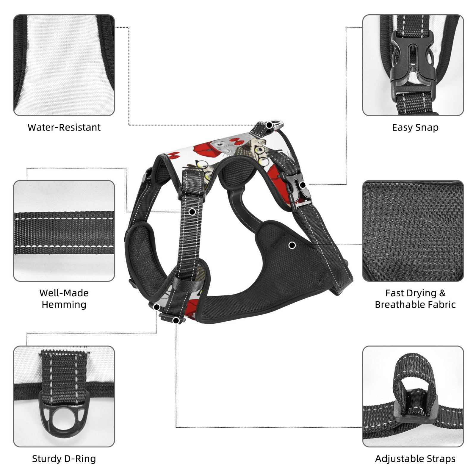 Kdxio Rabbit And Hedgehog Print No Pull Dog Harness Adjustable Reflective Oxford Easy Control Medium Large Dog Harness for Training and Everyday-Small