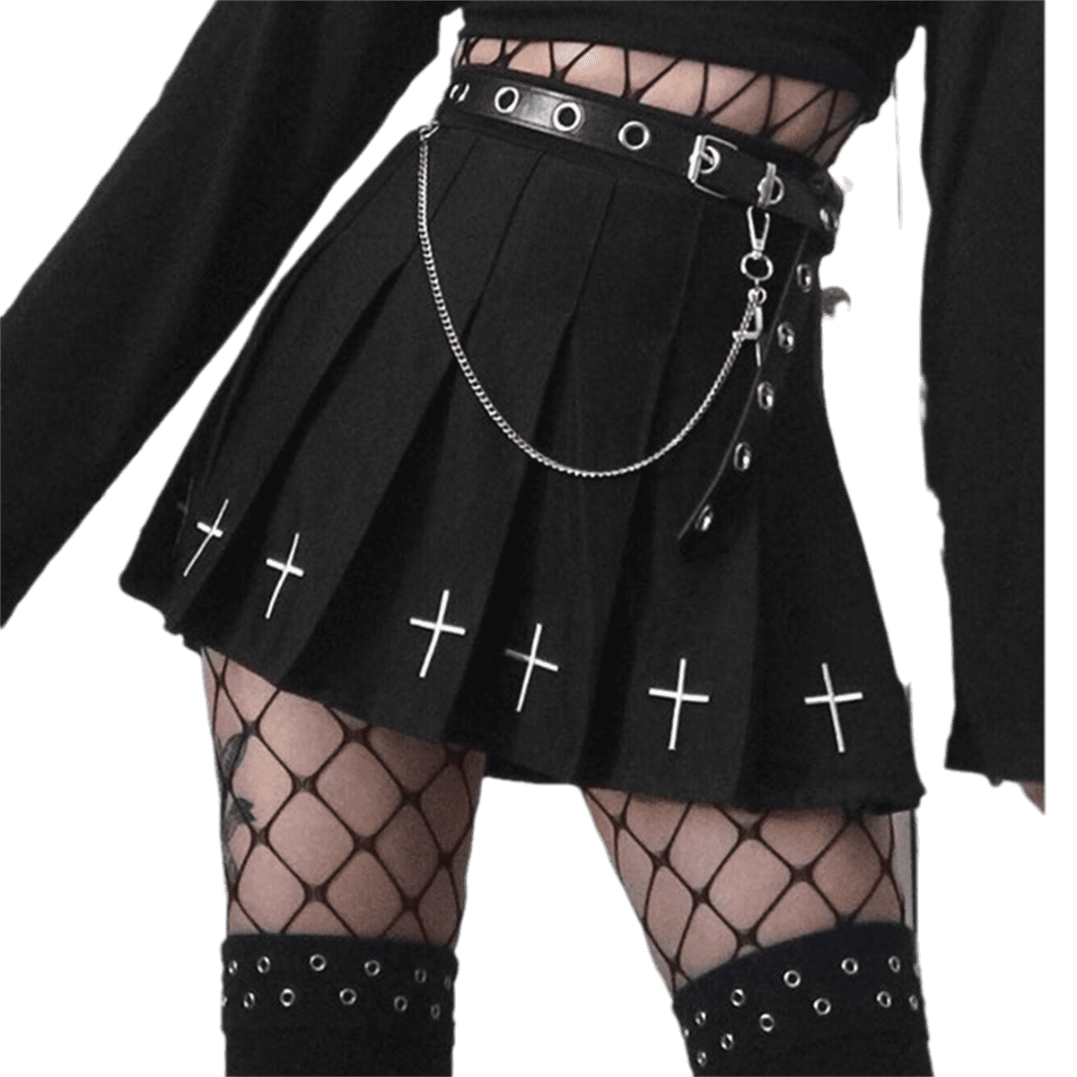 Gothic High Waist Mini Black Skirts Streetwear Cross Print Pleated