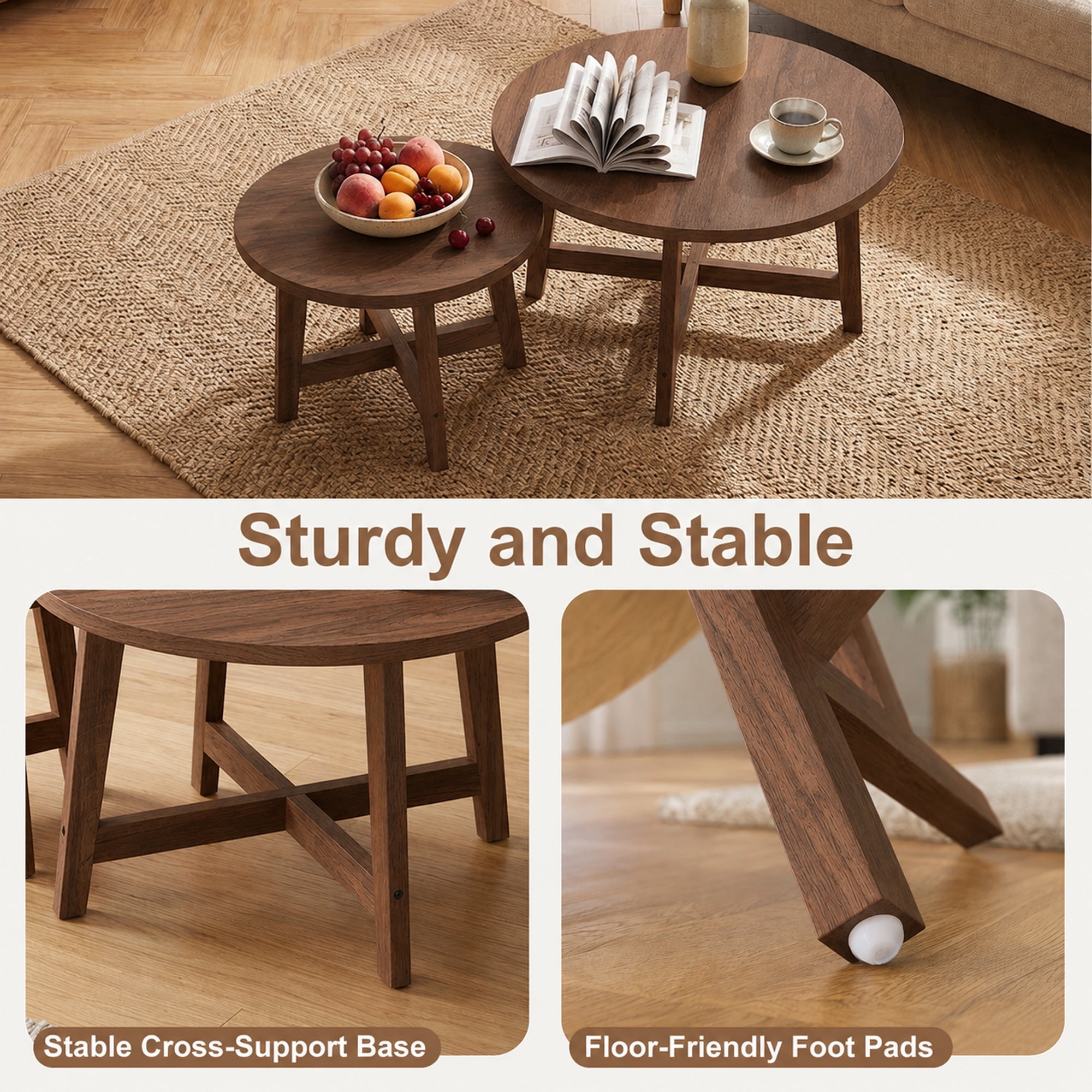 Nesting Coffee Tables Set of 2 Round with Walnut Tone Finish and X-Shaped Frame, Stackable Side Tables and End Tables for Living Room Bedroom, Walnut