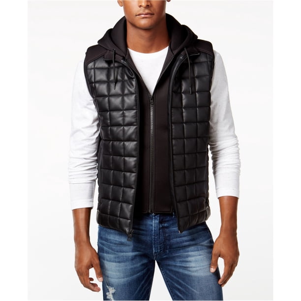 GUESS Chaleco acolchado de piel sintética Dustin para hombre, negro, grande Guess Chaleco acolchado
