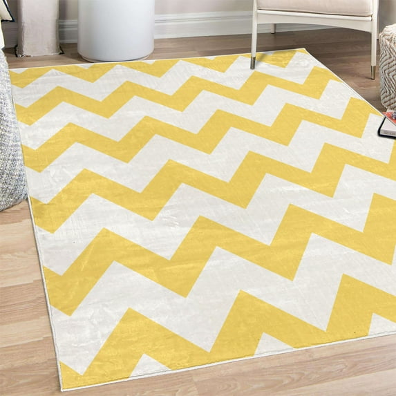 Shapes Decorative Rug, Chevron Pattern Classic Geometrical Horizontal Zig Zag Stripes Retro Artwork, Quality Carpet for Bedroom Dorm and Living Room, 6 Sizes, Mustard White, by Ambesonne