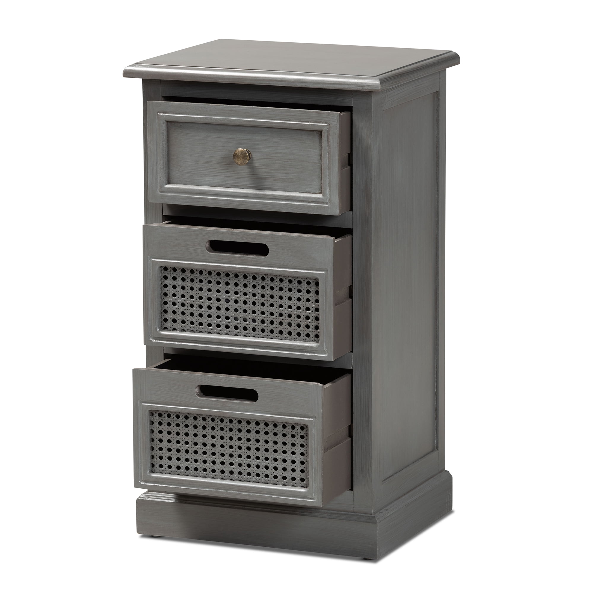 Baxton Studio Sheldon Modern and Contemporary Vintage Grey Finished Wood and Synthetic Rattan 3-Drawer Nightstand