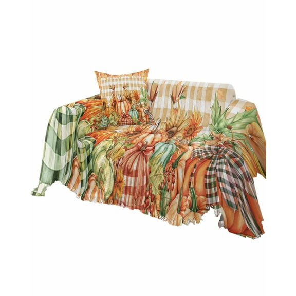Orange Thanksgiving Pumpkin Sofa Couch Covers for Dog,Washable Sectional Couch Slipcovers for Loveseat with Tassels,Fall Maple Leaves Autumn Lattice Non Slip Sofa Throw Cover Blanket Large 71x102