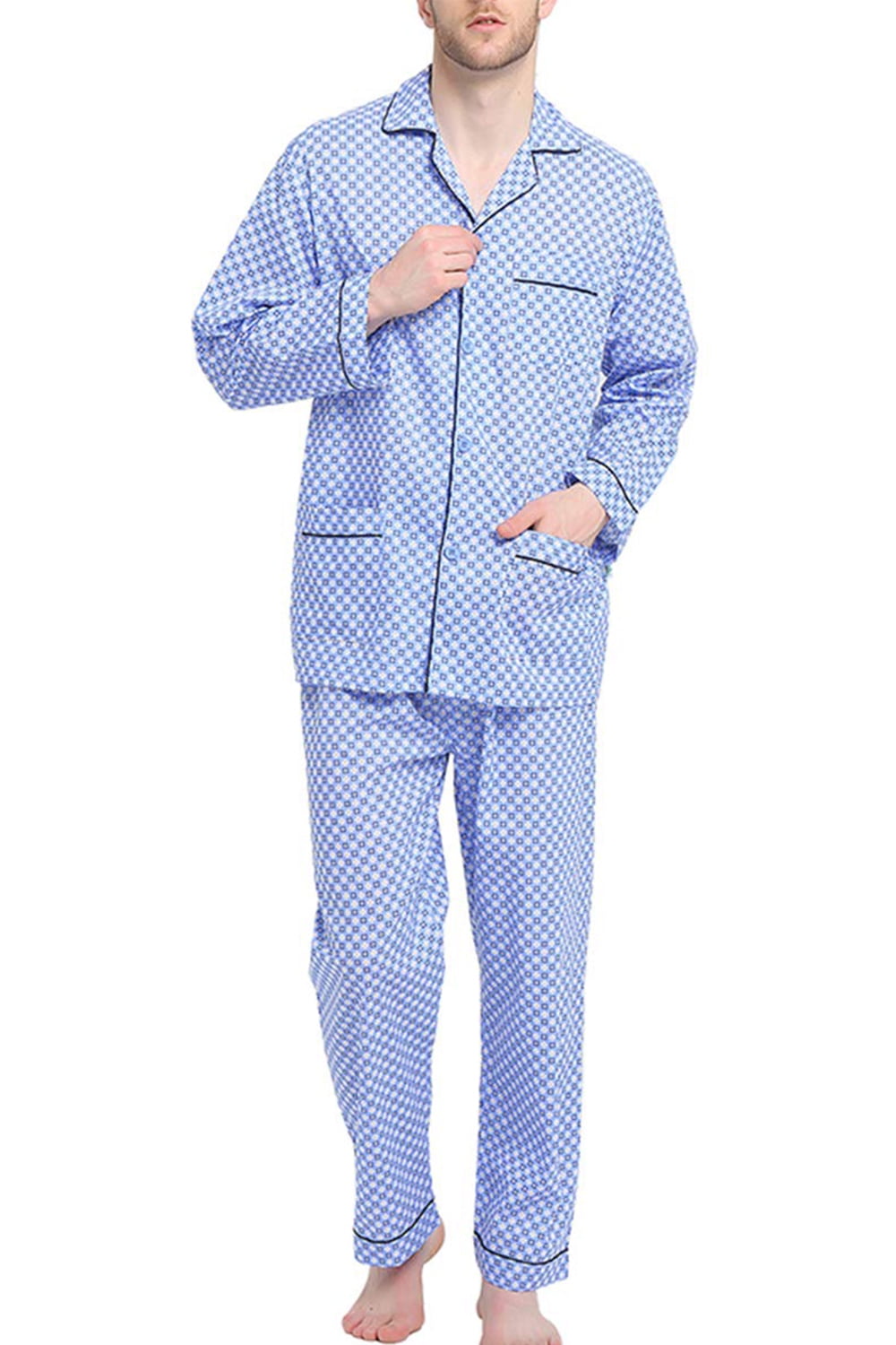 GLOBAL Mens 100% Cotton Pajamas Set Woven Drawstring Sleepwear Set with Top and Pants/Bottoms, 2-Piece Set, Size L