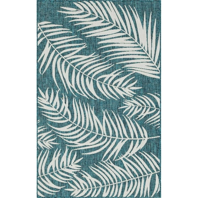 Unique Loom Outdoor Botanical Bohemian Leaves Rug 5' x 8' Rectangle Teal/Ivory