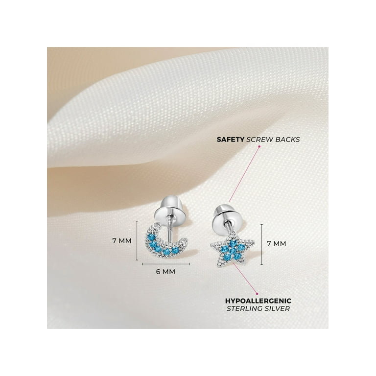 925 Sterling Silver Blue CZ Moon & Star Screw Back Earrings For Girls and  Teens 