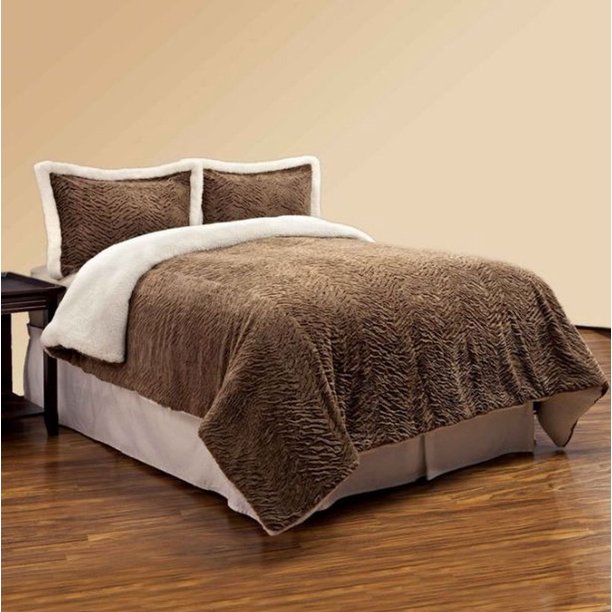 NorthCrest Faux Fur & Sherpa Brown Zebra King Bed Comforter Set 3 Piece