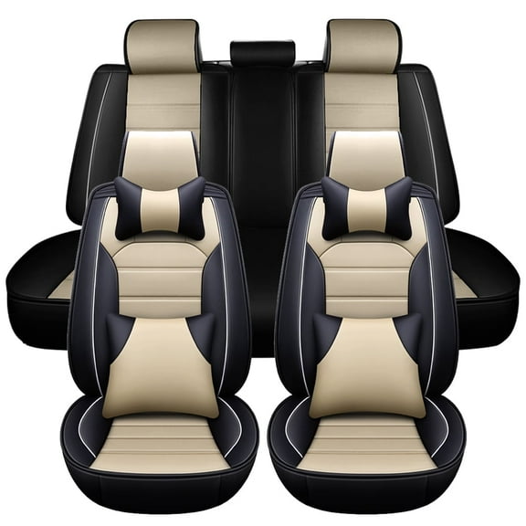 Maidao Car Seat Covers Leather Full Set for Jeep for Renegade 2014-Present Compatible Airbag Waterproof Front Rear Cushion Protector with Headrest and Pillow Black and Beige