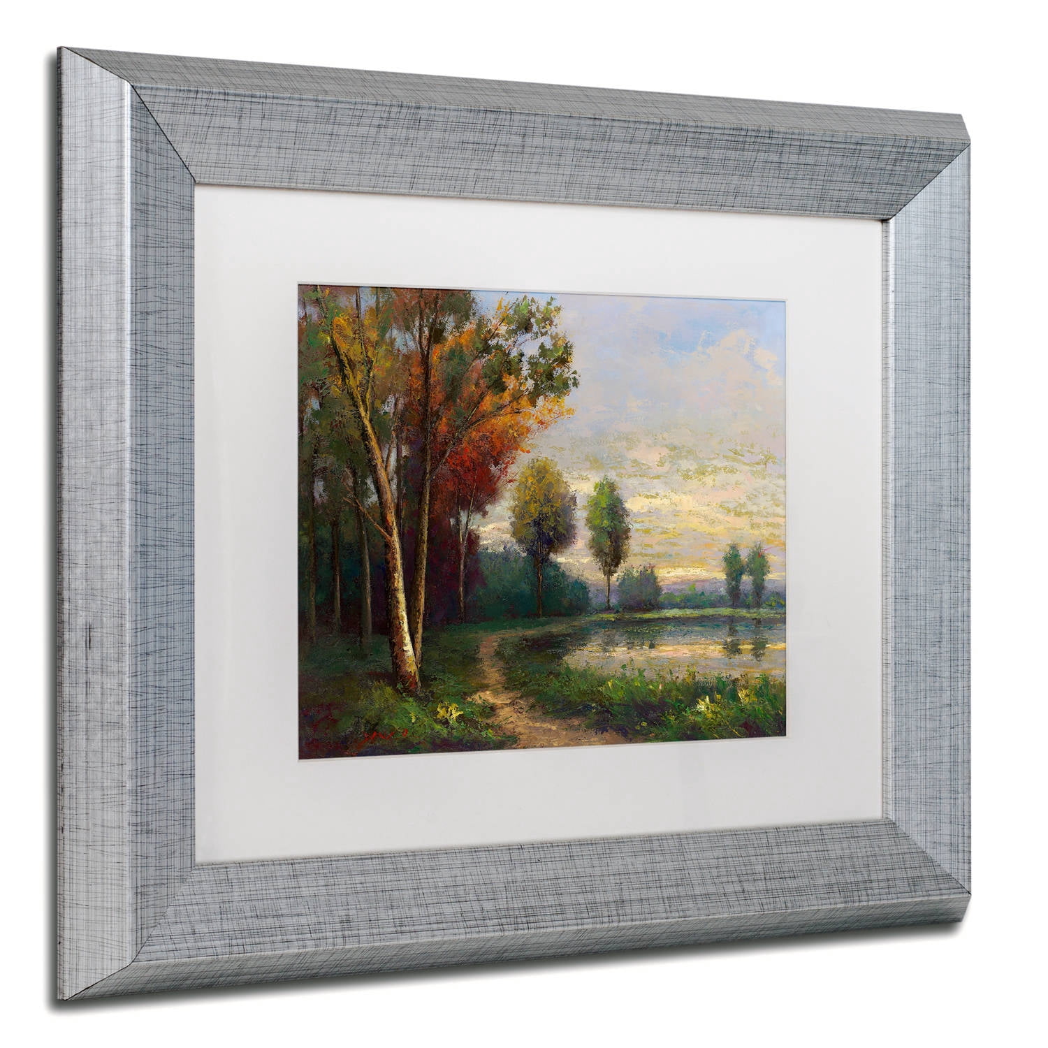Trademark Fine Art "Landscape with a Lake" Canvas Art by Daniel Moises, White Matte, Silver Frame