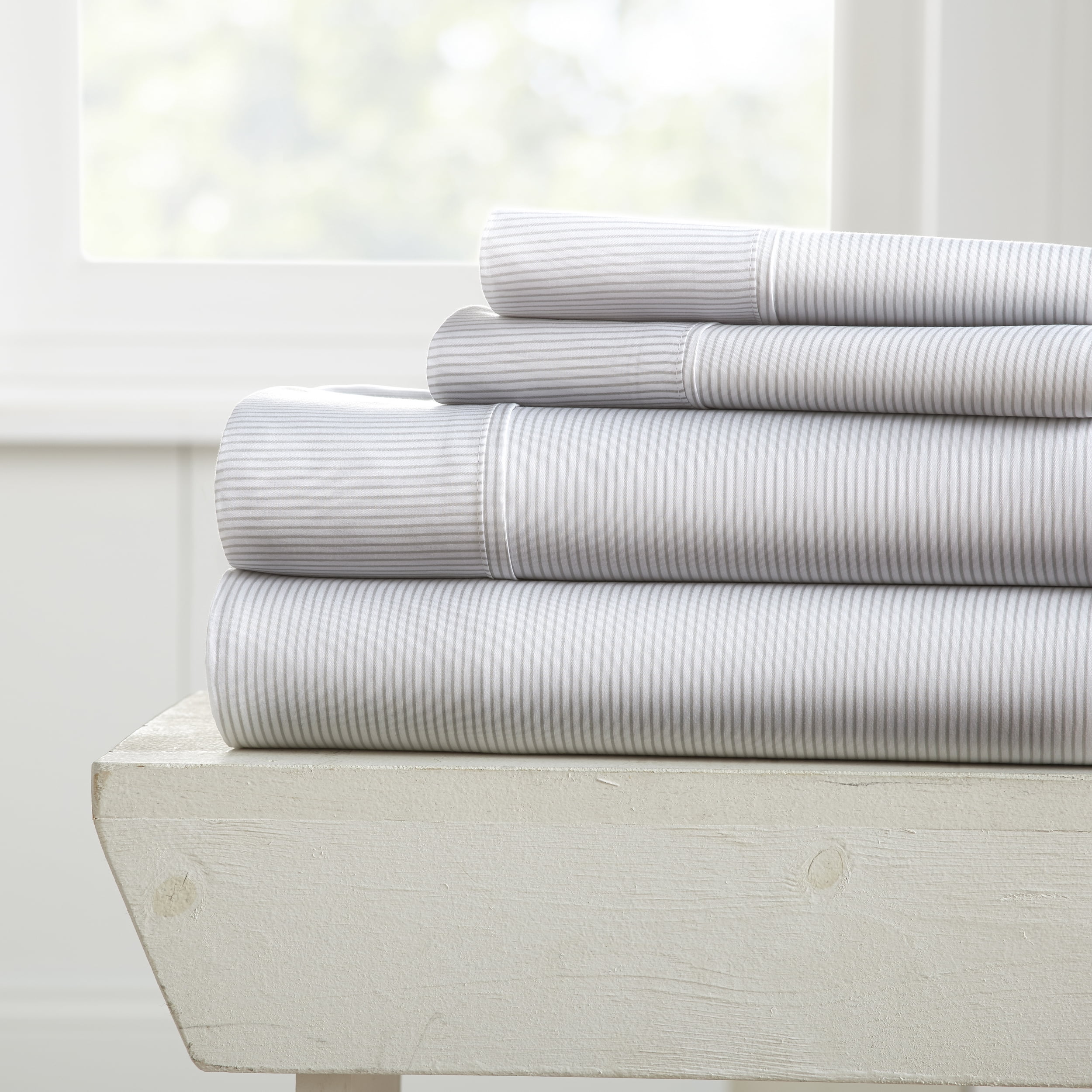 Noble Linens 4 Piece Pattern Microfiber Bed Sheets Set, Light Gray Pinstriped, King