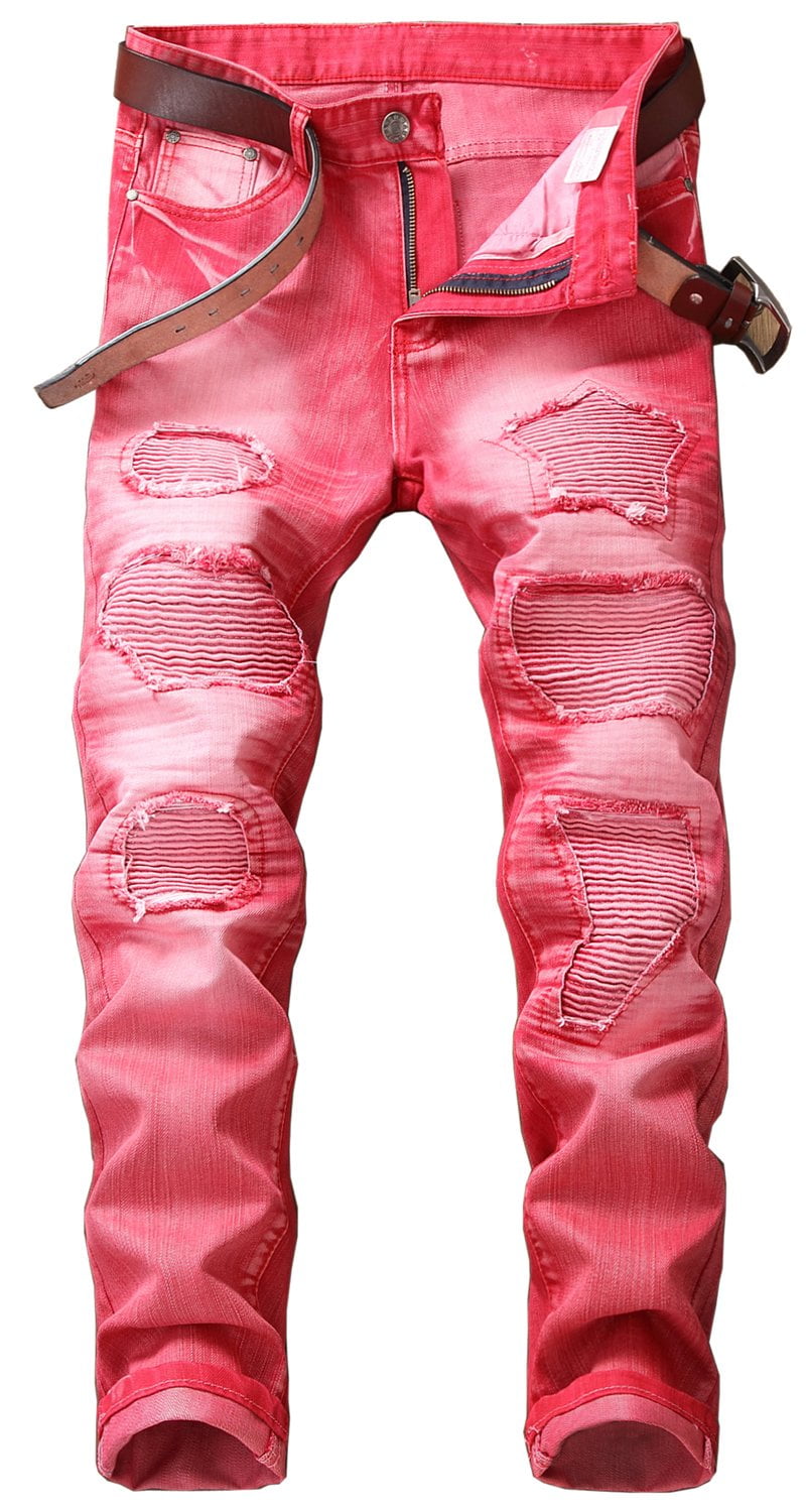 noot smokkel Ontleden Aiyino Mens Distressed Ripped Biker Slim Jeans Stretched Moto Denim Pants  (W40(Tag 42), Orange) - Walmart.com