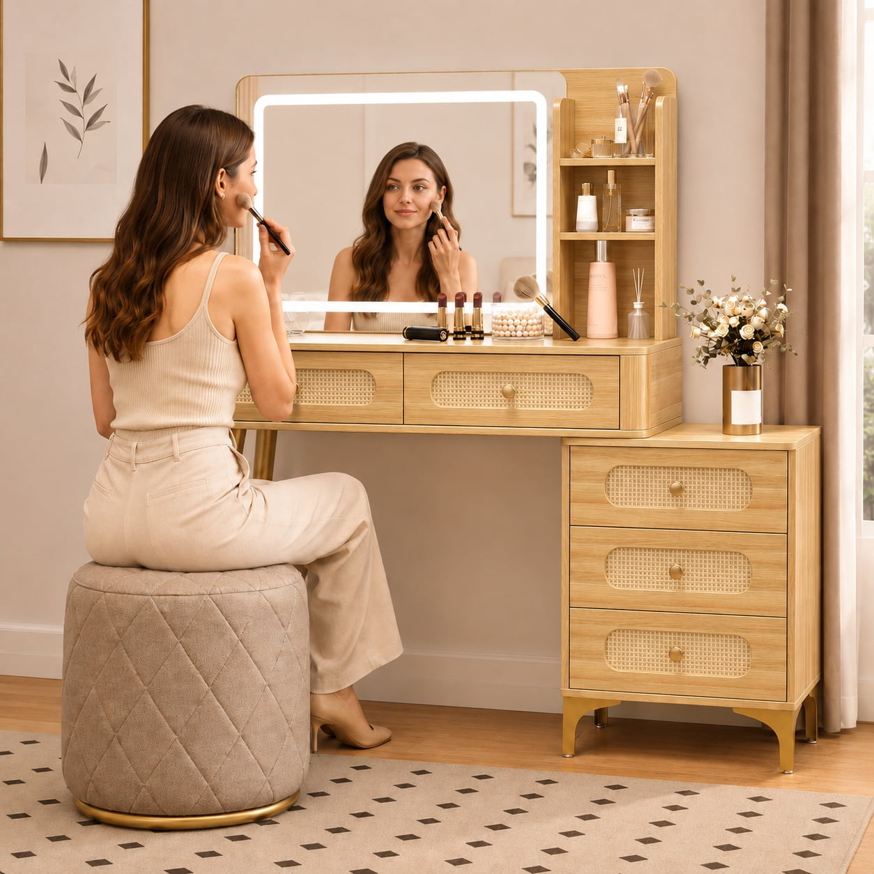 Aukfa 47.2" Rattan Makeup Vanity Desk with Lighted Mirror, Vintage Wood Vanity Table with 5 Drawers & Shelves, Gold Metal Legs, Natural