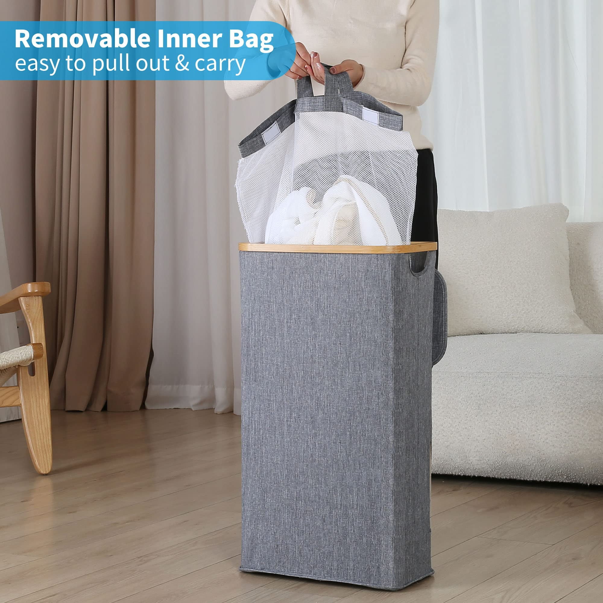 Efluky Slim Laundry Basket with Lid,63L Narrow Laundry Hamper with Removable Bag, Skinny Dirty Clothes Basket with Bamboo Handles for Bathroom, Bedroom & Laundry Room,Blue Grey