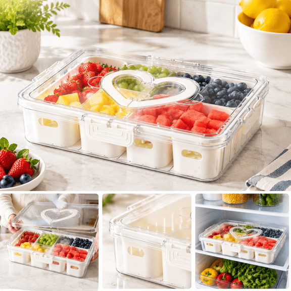 HEYMKGO Divided Serving Tray with Lid Snackle Box Charcuterie Container for Candy Fruits Nuts Snack