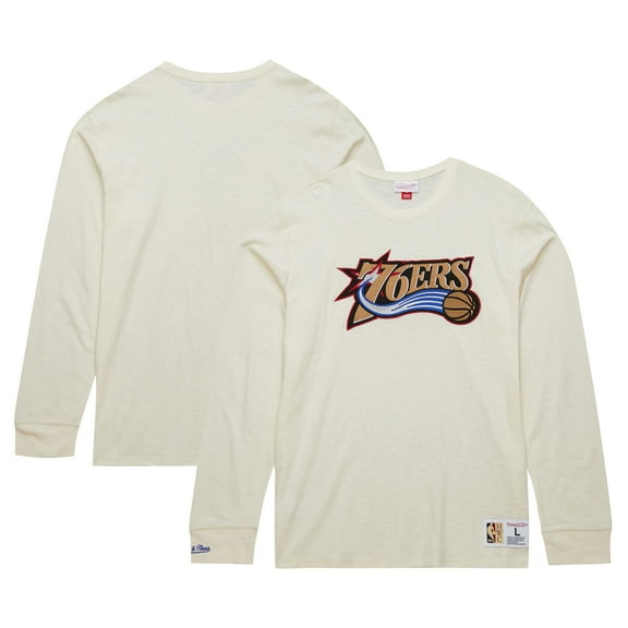 Men's Mitchell & Ness Cream Philadelphia 76ers Hardwood Classics Vintage Long Sleeve T-Shirt