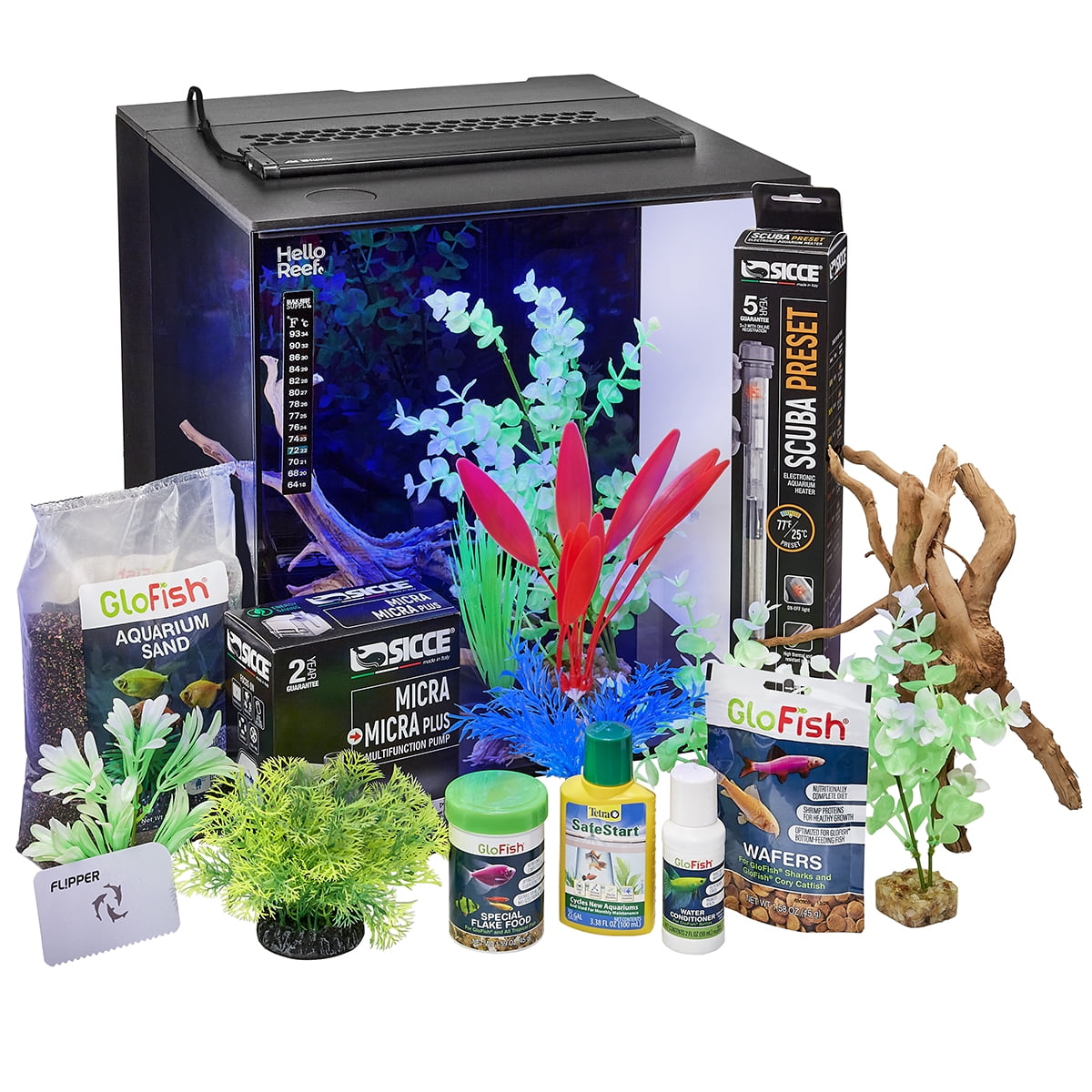 HelloReef 15 Gallon GloFish Complete Freshwater Aquarium Kit with App Controlled Smart LED Lighting, Filtration, GloFish Decor, and Guided Online Learning Center
