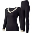 thumbnail image 4 of Htigea Thermal Underwear Women's Lace Splice V Neck Long Sleeve Tops and Slim Fit Bottoms Long Johns Solid Color Base Layer Sets Black Free Size, 4 of 7