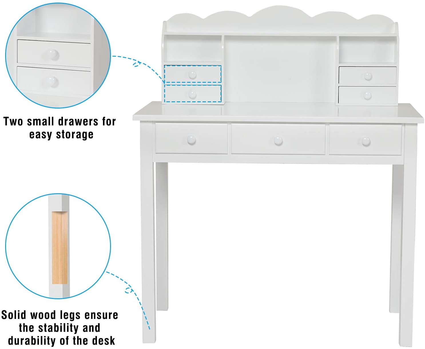 Writing Desk with 7 Drawers, Home Office Desk with Hutch,Student Desk Study Table,Solid Wood Legs,White