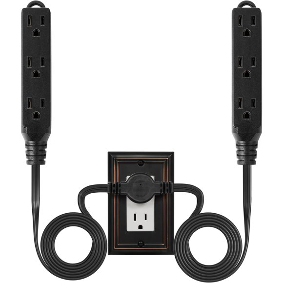 3 Prong Twin Power Strip, 12Ft Ultra Thin Flat Extension Cord with Flat Head Plug, 6Ft on Each Side, 6 Outlets, Double Extension Cord Splitter, Indoor Use, ETL Listed, Black