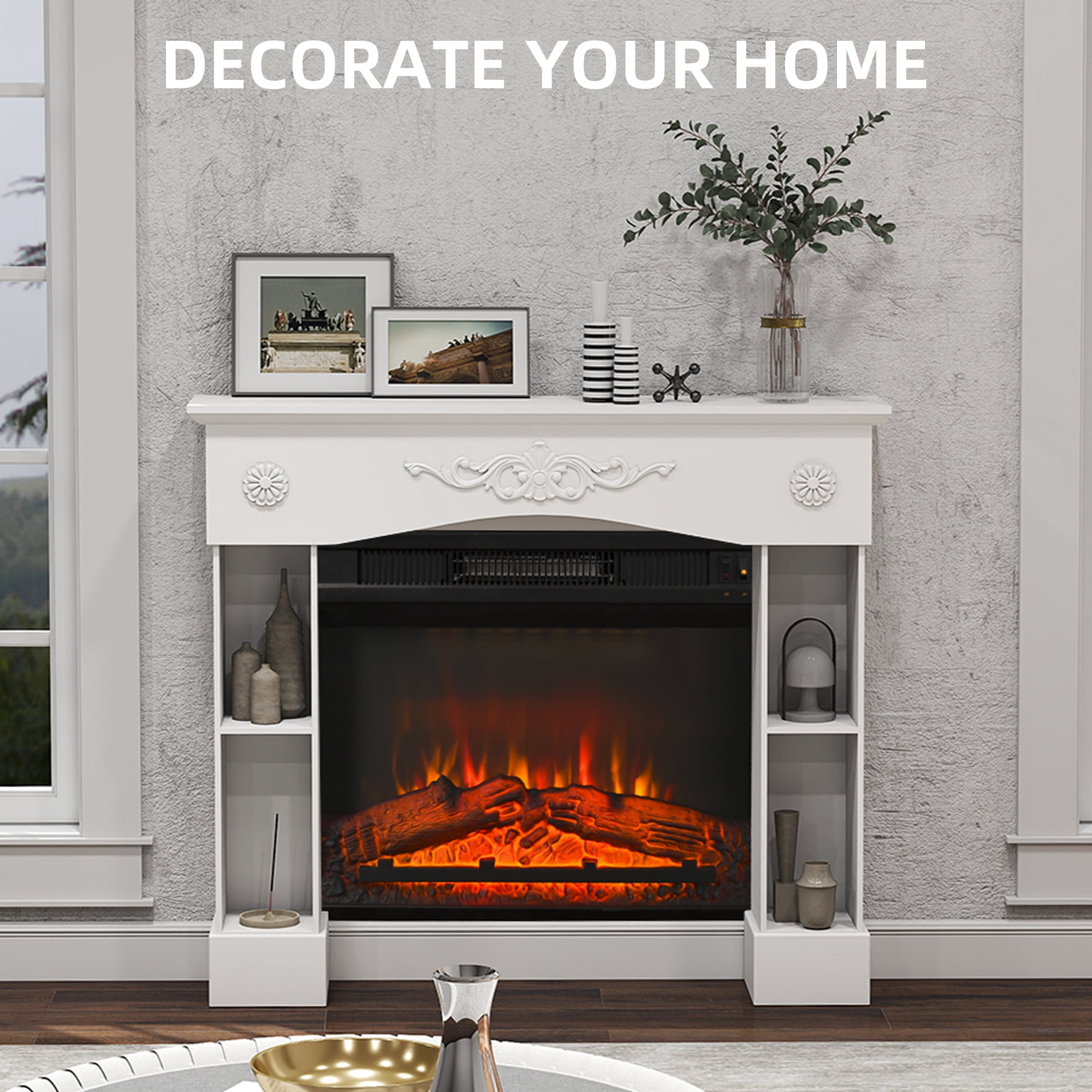 HOMCOM Baroque Fireplace Mantel, Freestanding Fireplace Surround for Electric Fireplaces, with Leg, 45.3" W x 39.4" H, White