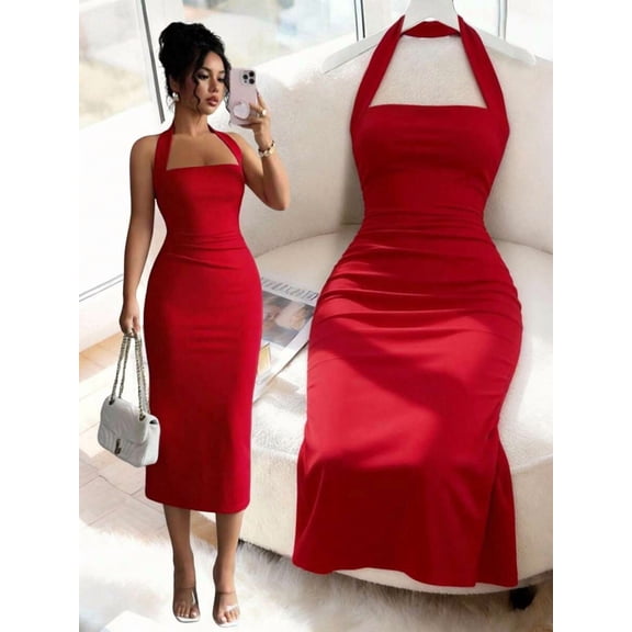 Women's Solid Color Elegant Mid-Length Dress, Light-Colored Fabric Slightly Sheer, Suitable For Daily Wear, Gatherings And Dates, Summer Dress