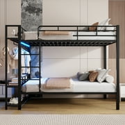 Euroco Metal Full over Full Bunk Bed wih Storage Shelves, Clothes Habnger and LED Light for Kids Teens Room, Black
