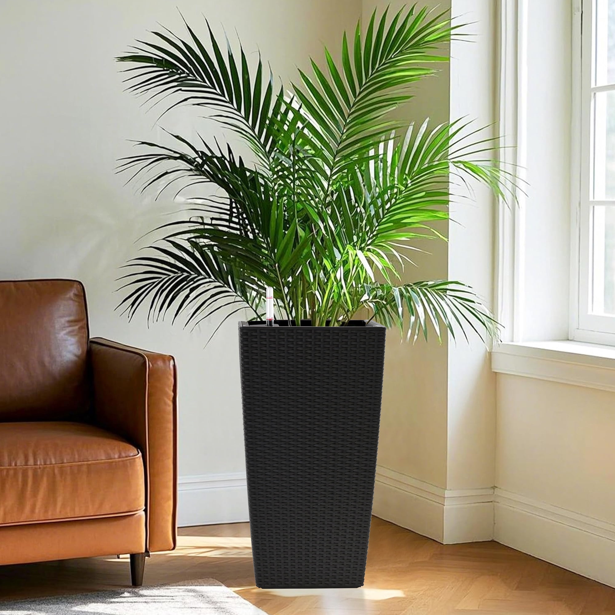 Square Planter for Indoor or Outdoor Use, 22-Inch High Faux Rattan Design Flower Pot with Automatic Watering System for Porch, Patio, Backyard, Makes Keeping Flowers Easier (Pack of 2, Black)