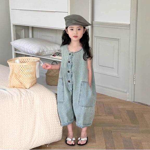 Rvasteizo Girls Denim Jumpsuit Side Pockets Solid Kids 7/8th Pants for 3-9 Years