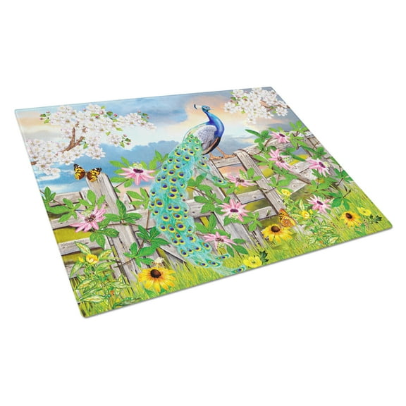 Peacock on Garden Fence Glass Cutting Board Large PRS4042LCB